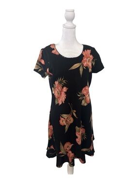 Black Floral Short-Sleeve Tunic Top with Coral Blooms